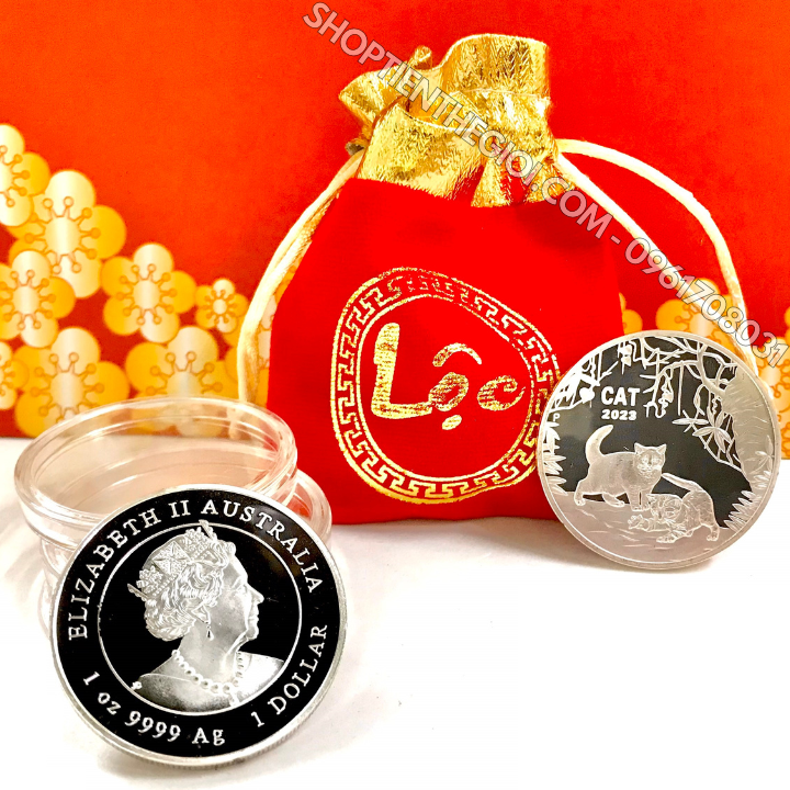 Xu Úc Hình Con Mèo Mạ Bạc tặng túi gấm LỘC 